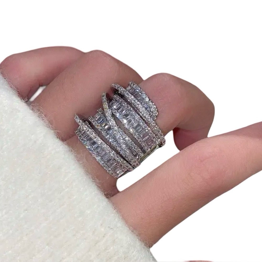 Luxe 925 Stacked Baguette & Pavé Crystal Statement Ring - Size: 7